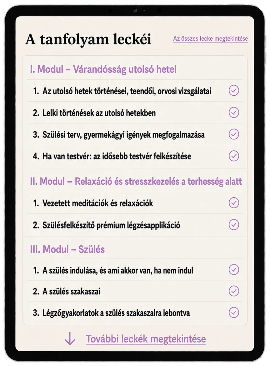 A tanfolyam leckéi — tartalomjegyzék tableten